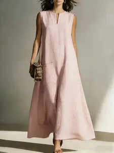 Women casual sleeveless maxi dress summer V neck pink loose pocket long dress detail view