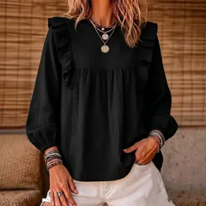Women's Bohemian Long Sleeve Ruffle Patchwork Bubble Sleeve Blouse Casual Solid Color O-Neck Pullover Loose Shirt Top