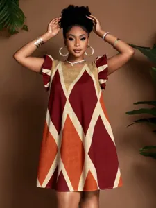 Geometric print sleeveless mini dress detail view, showcasing the stylish maroon and orange pattern.