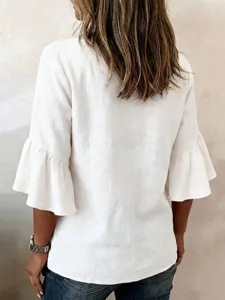 Women cotton linen loose casual blouse with stylish flare sleeves, elegant daily wear.