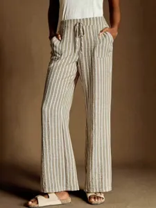 Casual striped linen wide leg pants with drawstring waist for women fashion daily wear.