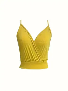 Yellow V-neck wrap camisole detail, sleeveless crop top design, soft fabric close-up view.