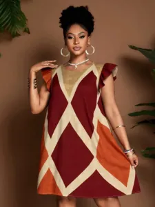 Women's round neck geometric print ruffle sleeve casual dress for daily wear and party.