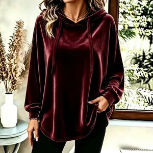 Women Burgundy Velvet Hooded Sweatshirt Long Sleeve Casual Pullover Top Daily Wear