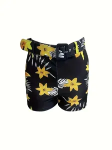 Women summer botanical floral print high waist shorts with matching belt casual wear