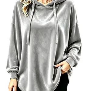 Women's casual loose velvet hooded sweatshirt with long sleeves and drawstring main view.