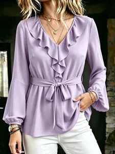 Elegant lavender V-neck long sleeve blouse with double ruffle collar and waist tie.