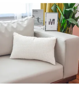 Detailed view of white corduroy throw pillow in cozy living room sofa setting texture.