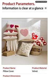 Valentine heart embroidered velvet pillow cover soft cozy decorative cushion case home decor