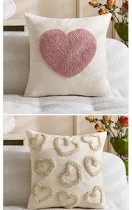 Heart tufted throw pillow cover details, soft decorative cushion case for home sofa decor.