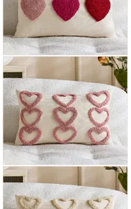 Detailed view of tufted heart decorative throw pillow cover, cozy boho cushion case for sofa.