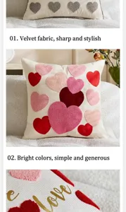 Valentine heart velvet throw pillow cover, detailed view of textured embroidery love.