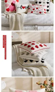 Valentine day plush heart embroidered cushion cover detail showcasing fine love pillow texture.