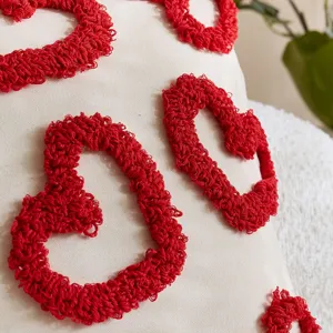 Cozy red loop embroidery heart pattern cushion cover, elegant beige fabric throw pillow case.