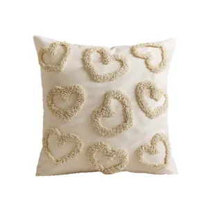 Beige tufted heart throw pillow cover soft chenille cushion case for home sofa bedroom decor