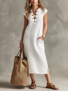 Abito midi estivo bianco con scollo a V e bottoni da donna, maniche corte tasca casual.