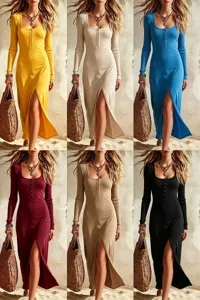 Dames lang mouw gebreide jurk hoge split sexy ronde hals elegante midi jurk