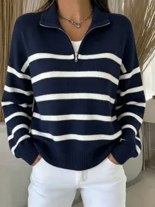Damen Casual Lockere Passform Gestreift Umlegekragen Langarm Knit Pullover Herbst Winter