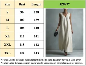 Detailed size chart and fit guide for women's casual V-neck sleeveless solid color dress.