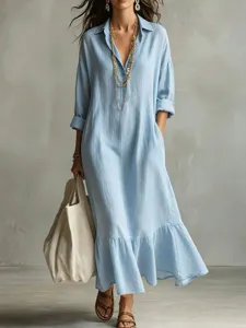 Women's Casual Cotton Linen Long Sleeve Lapel Fishtail Dress Loose Solid Color Maxi Dress