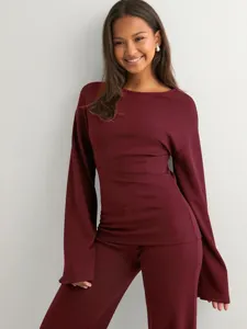Dames Casual Polyester Mix Top En Rechte Broek Set Lange Mouw Wijd Uitlopende Mouw Outfit Elegante Kantoor Dames Huispak