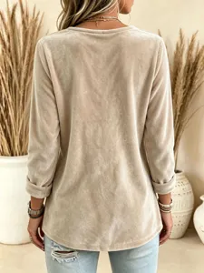 Beige velvet long sleeve top, elegant solid color pullover shirt for women autumn wear.
