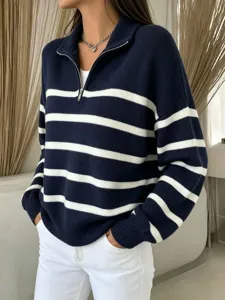 Damen Halb-Zip gestreifter Strickpullover, gemütlicher, lässiger Langarm Pullover.
