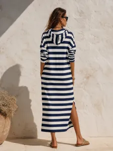 Casual striped hooded maxi dress for women featuring long sleeves and side slit design.