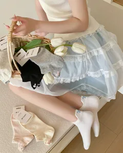 Cute bow socks for women spring summer japanese style short cotton breathable white socks