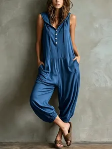 Damen Sommer ärmellos Kapuze Jumpsuit lässig lose Harem Knöchellange Hose mit Kordelzug.