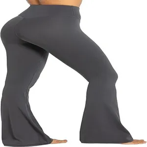 Nahaufnahme Detailansicht von Damen High-Waist Slim-Fit Yoga Schlaghosen in Dunkelgrau.
