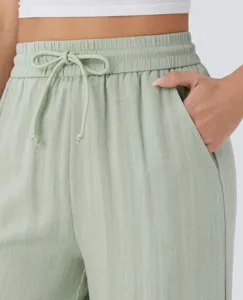 Sage green linen pants high waist casual trousers side pocket elastic waistband detail