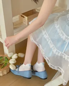 Cute spring summer Japanese student style white cotton short socks with blue bow embroidery.