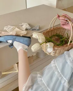 Japanese style cute bow cotton short socks, breathable sweet ankle socks for women daily wear.