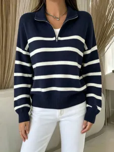 Damen Halbverschluss gestreifter Strickpullover lässiger Langarmpulli Herbst Winter