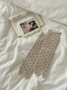 Women's beige polka dot split toe socks, breathable cotton mid-calf socks for tabi shoes.