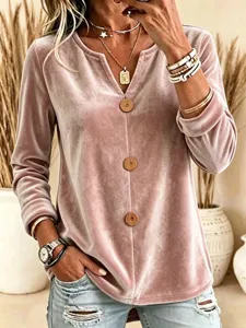 Women velvet V-neck long sleeve top with buttons, casual elegant autumn fashion blouse.