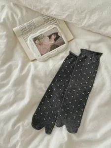 Women split-toe socks dark gray polka dot mid-calf hosiery for tabi shoes summer thin