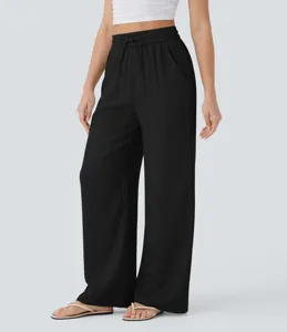 High waist drawstring wide leg casual pants detail view, comfortable black linen trousers style.
