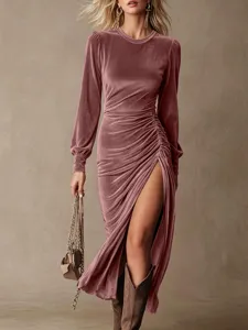 Women's Velvet Long Sleeve Slim Fit Split Maxi Dress Elegant Solid Color Round Neck Casual Party Long Dress