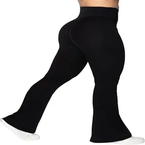 Nahaufnahme der schwarzen Damen Schlag-Yogahose mit hoher Taille und schmaler Passform.