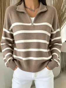 Damen Pullover mit halbem Reissverschluss und braun weissen Streifen, Strickpullover.