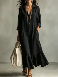 Casual black lapel long sleeve loose fishtail shirt dress for women chic spring autumn wear