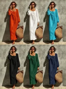 Damen Französisch Vintage Einfarbig Langarm Maxi Kleid Elegantes Viereckiges Ausschnitt Lässiges langes Kleid Herbst Mode Bekleidung
