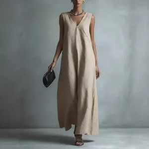 Women Casual Elegant V Neck Sleeveless Solid Color Maxi Dress Loose Fit Long Summer Dress Fashion Apparel