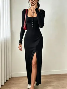 Dames Elegant Lange Mouw Vierkante Hals Effen Kleur Hoge Split Maxi Jurk Slim Fit Casual Lange Jurk