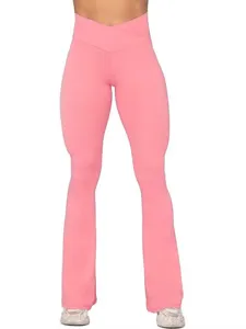 Detaillierte Ansicht rosa Schlaghosen mit Kreuzbund, figurbetonte Damen Fitness-Yogahose.