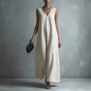Elegant women's solid V-neck sleeveless long dress, casual summer maxi dress for daily wear.