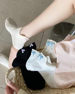 Cute Japanese style bow embroidered cotton short socks, breathable ankle socks for summer.