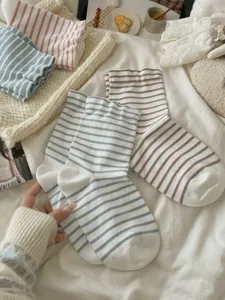 Comode calze a righe da donna in morbido cotone, calzini casual traspiranti quotidiani.